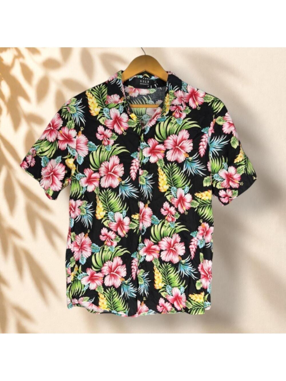 SSLR Shirt Men S Small Black Floral Button Up Collared Short Sleeve Regular